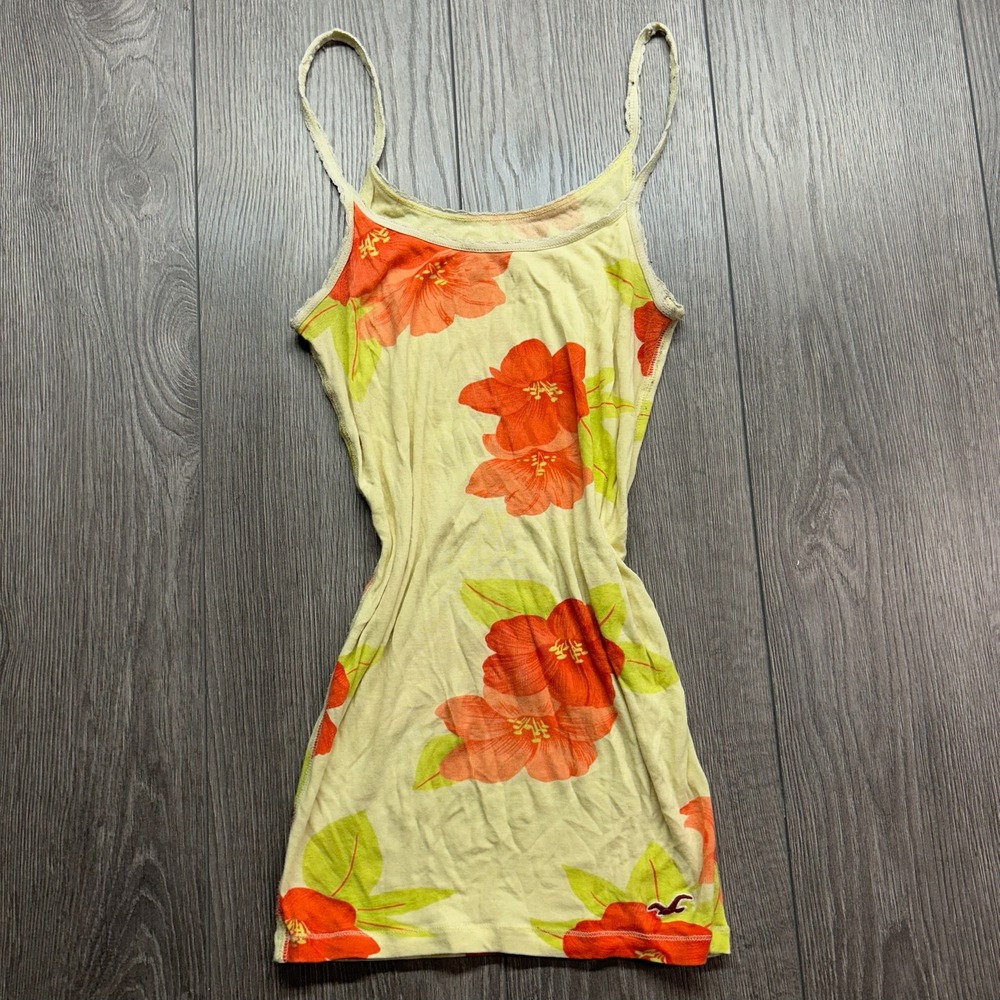 Hollister So Cal Stretch Cami Top XS Yellow Hibiscus Floral Lace Trim Y2K Tank
